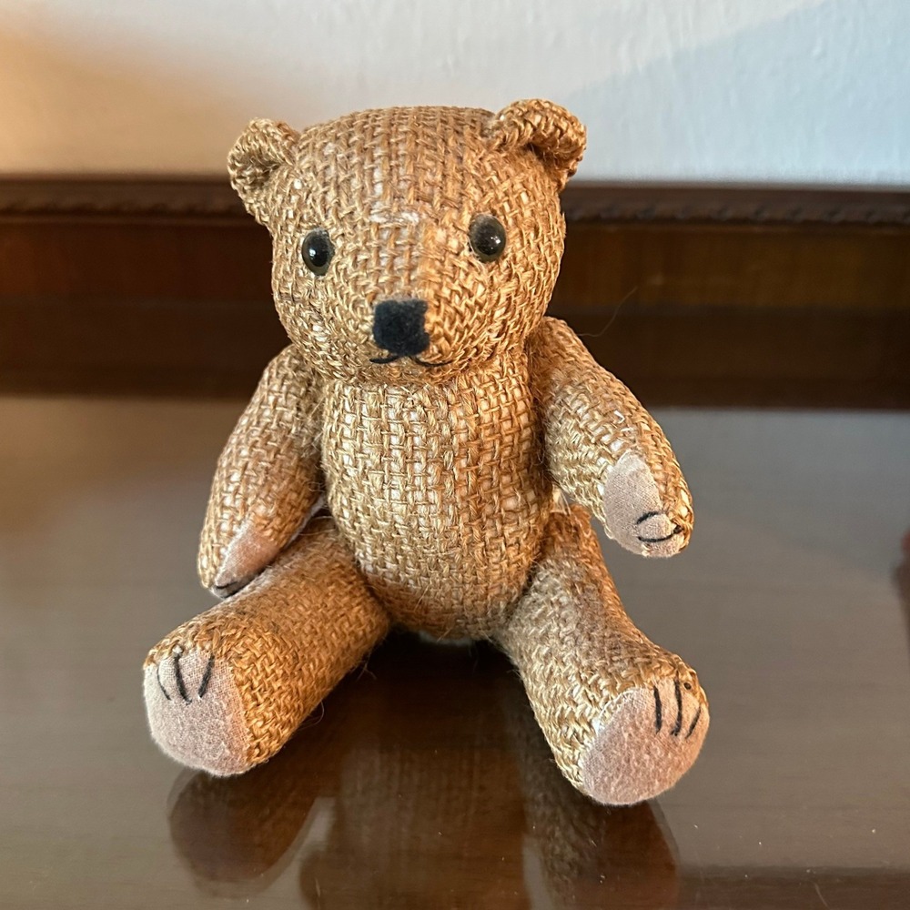 Vintage Burlap Miniature Teddy Bear Rustic Jute Woven Collectible‎ Shelf Sitter